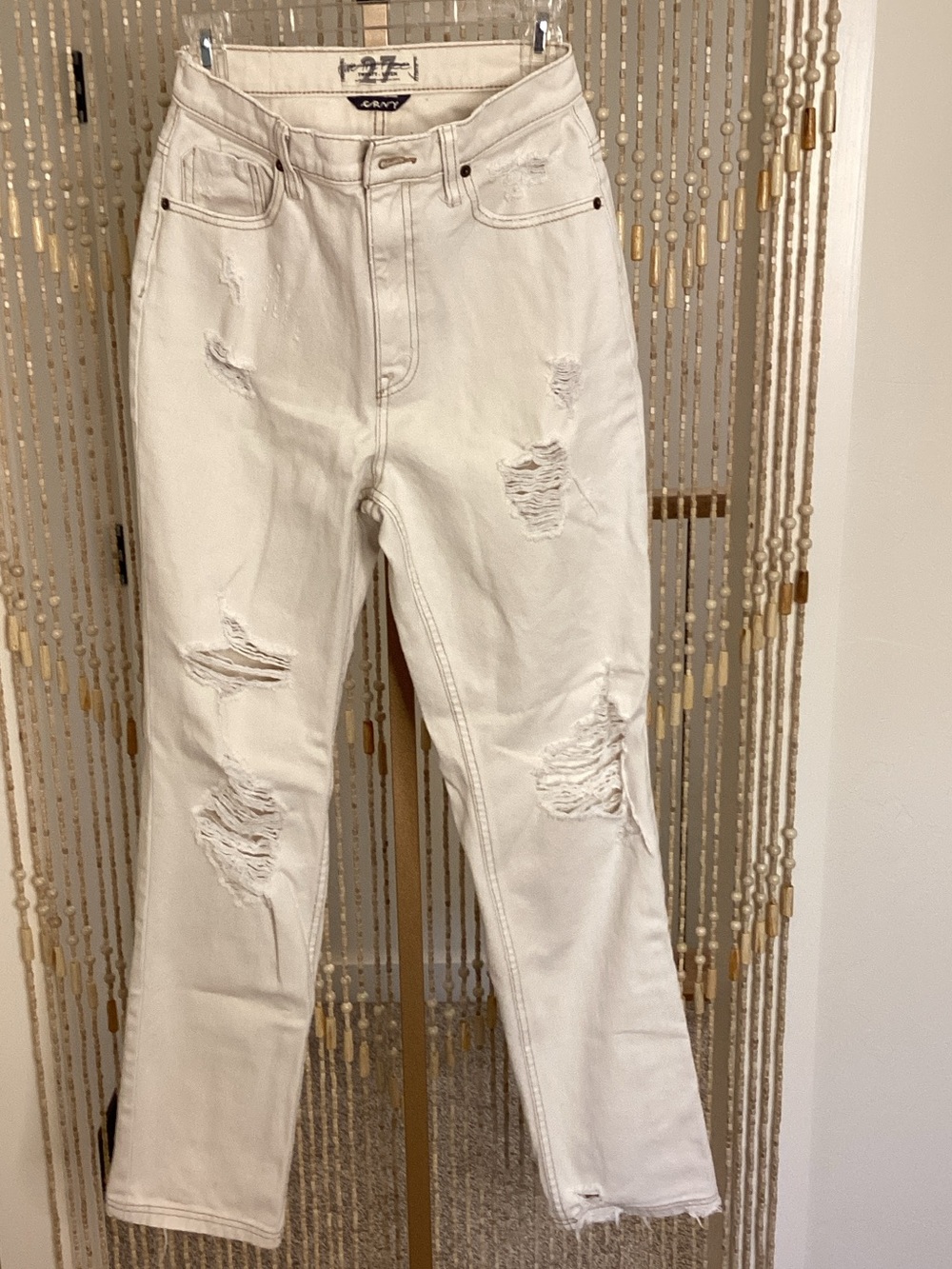 We The Free Distressed Cream Straight-Leg Jeans